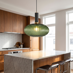 Ribbed Glass Pendant Light - Green Glass – Black Base