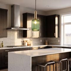 Ribbed Glass Pendant Light - Green Glass – Gold Base