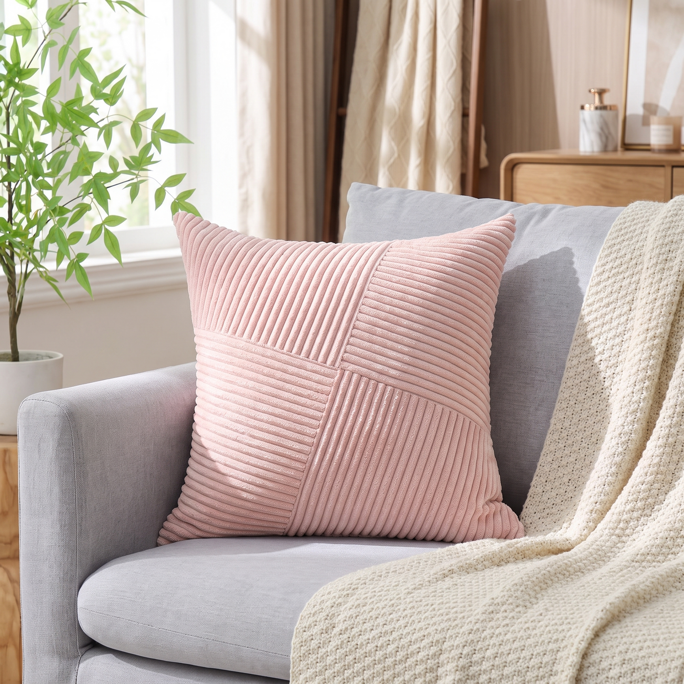 Striped Corduroy Cushion Cover - Pink / 45x45cm