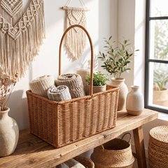 Handwoven Rattan Storage Basket - Rectangular Basket, Tall Handle (22x12x13cm)