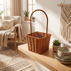 Handwoven Rattan Storage Basket - Square Basket, Tall Handle (11x11x11cm)