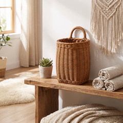 Handwoven Rattan Storage Basket - Tall Wall Basket, Small (11.5x8x17cm)