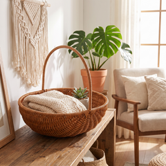 Handwoven Rattan Storage Basket - Round Bowl Basket, Wide Large (25cm dia)