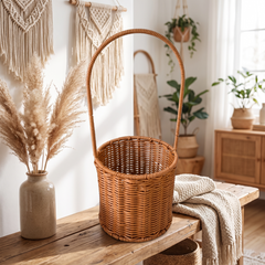 Handwoven Rattan Storage Basket - Round Bucket Basket, Small (13cm dia)