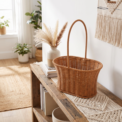 Handwoven Rattan Storage Basket - Rectangular Tote, Arched Handle (18x9x13cm)
