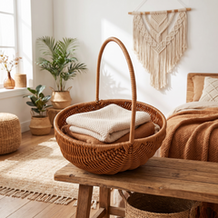 Handwoven Rattan Storage Basket - Round Bowl Basket, Wide (19cm dia)