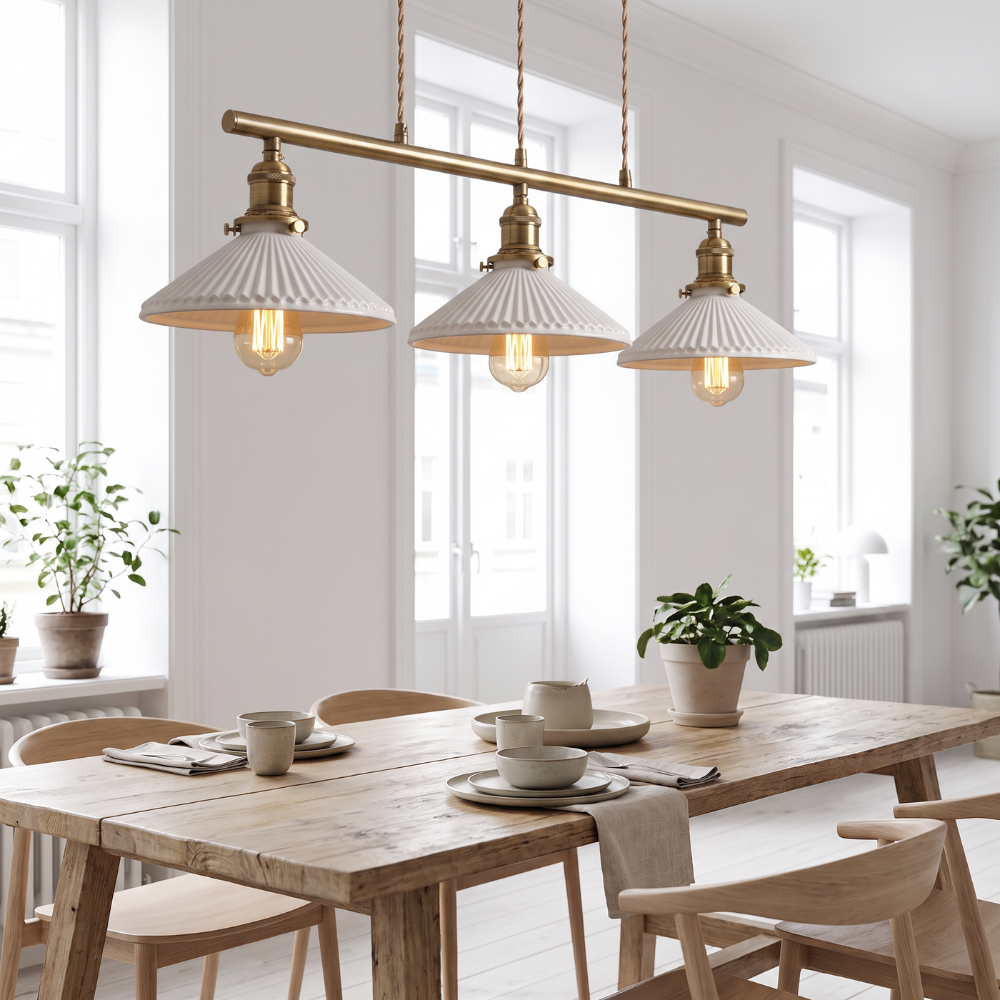 Nordic Ceramic Pendant Light - Fluted Cone – 3-Bar 50cm / 4W(MAX 100W)